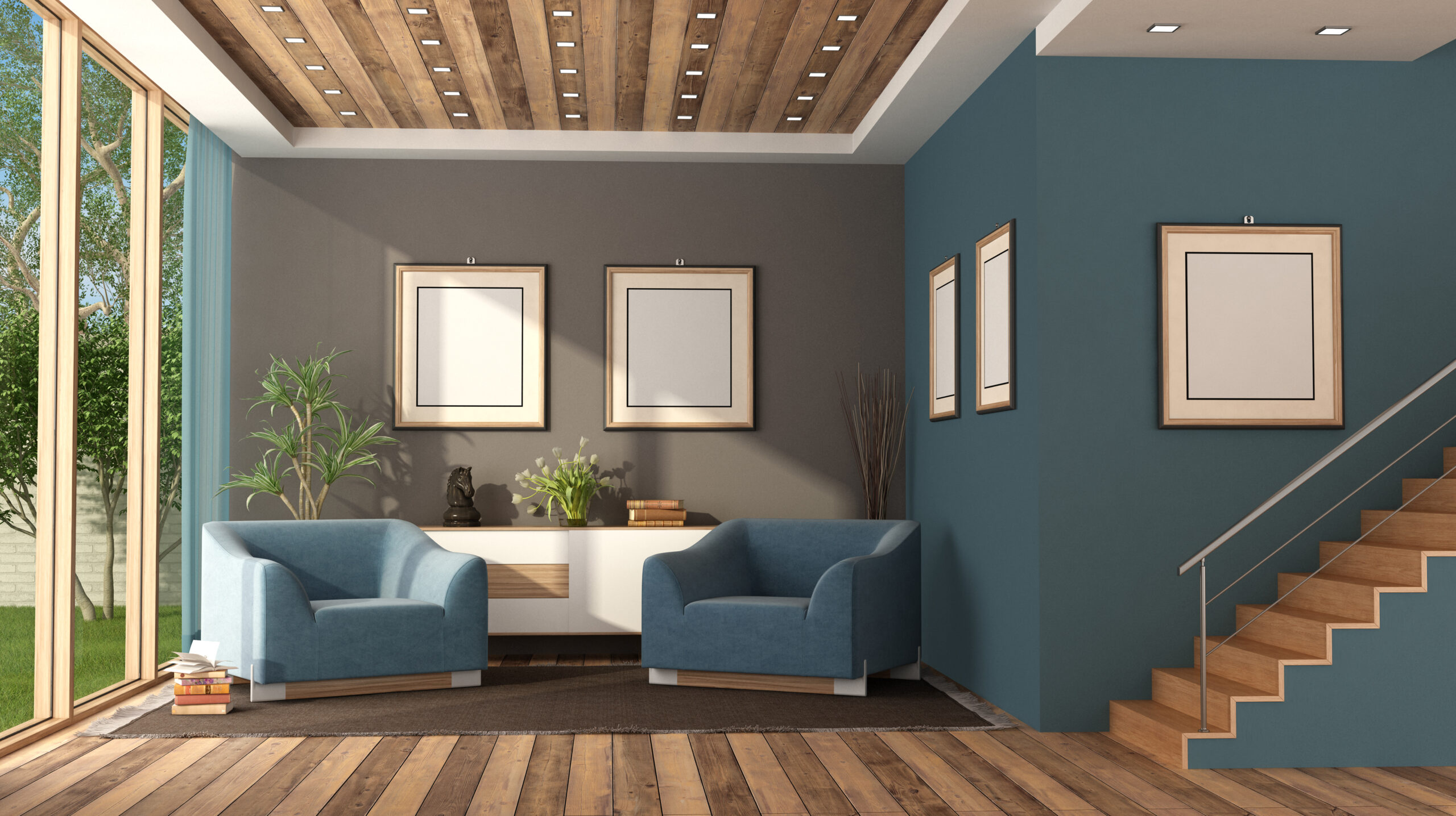 Blue modern living room with staircase
