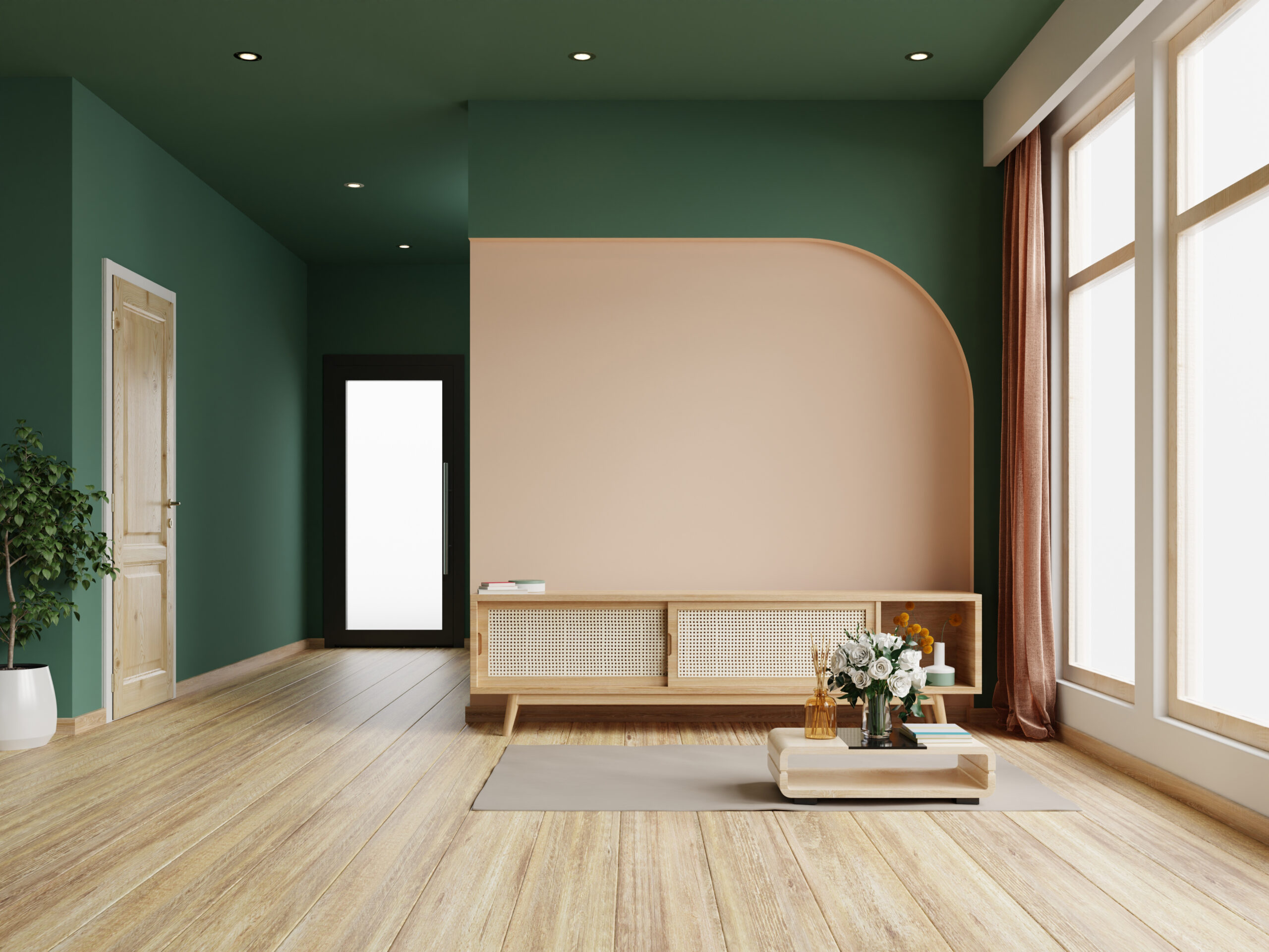 Living room with cabinet for tv in dark green color wall,minimal
